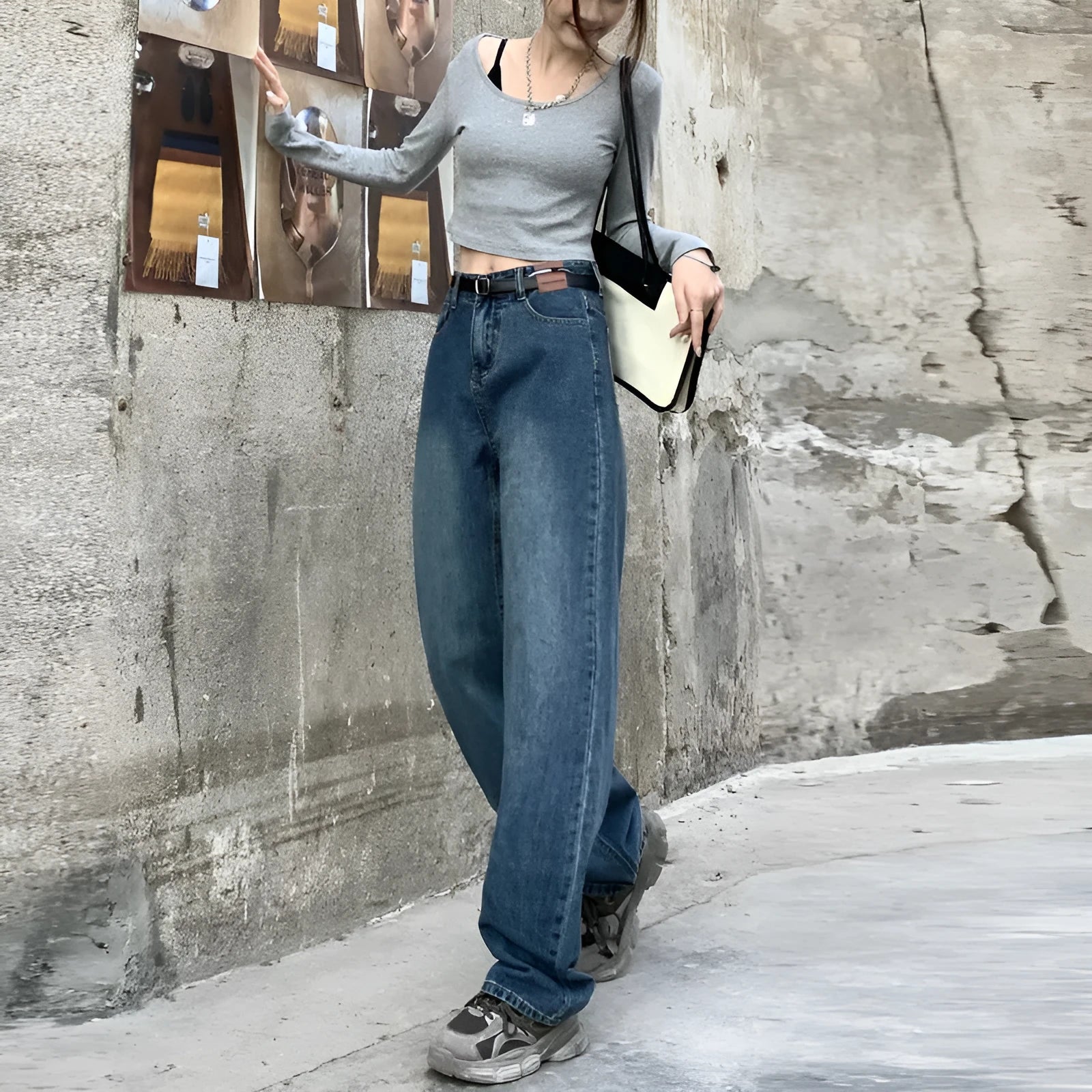 Women's retro blue straight leg jeans with high-waist design in three length variations