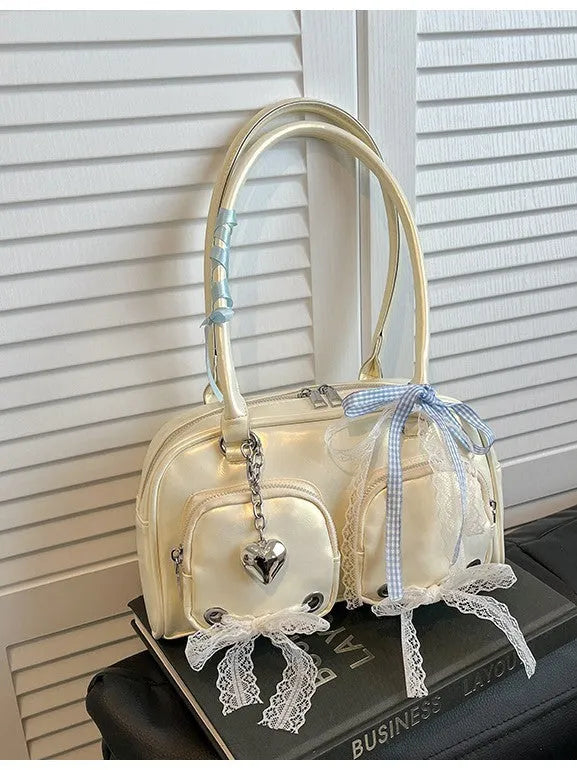 Horizontal square shoulder bag in soft PU with double straps and mobile phone pocket
