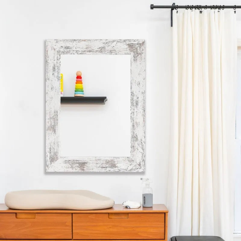 Wall-mounted bathroom dressing mirror with retro Chinese style MDF frame in small old white colour