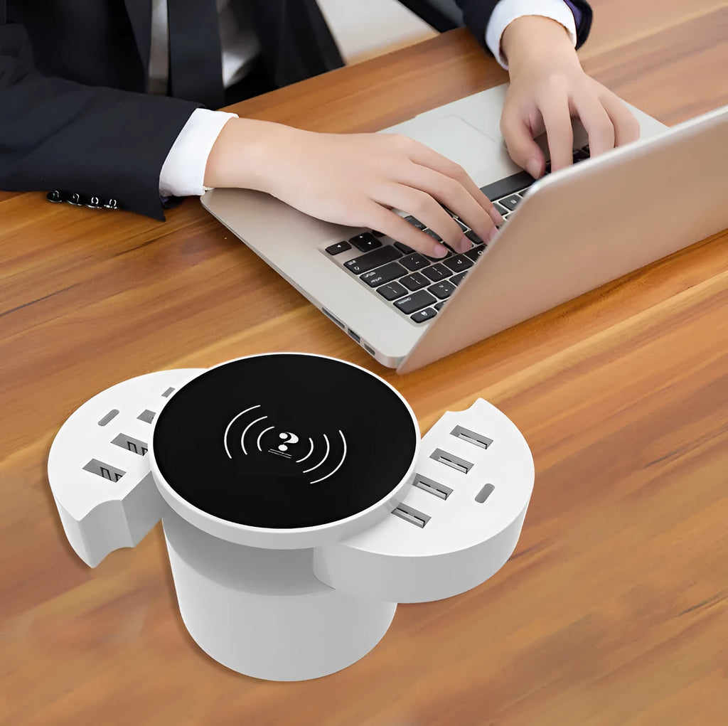 Ceramic white circular wireless charger with multiple adapters and 1.5 metre cable