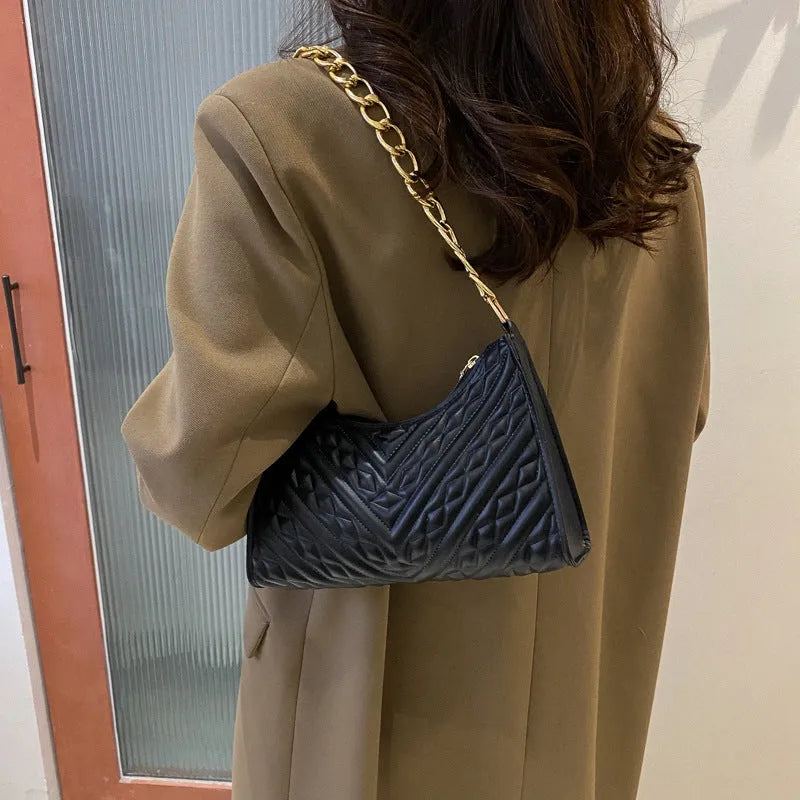 Brown PU leather pleated chain baguette shoulder bag with adjustable strap and soft carry handle