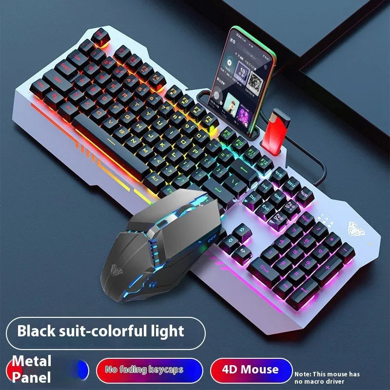 F3010 black and white metal gaming keyboard, mouse, and headset bundle with single-colour LED backlighting.