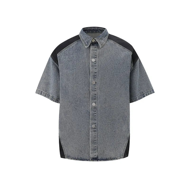 Short sleeve vintage washed denim jacket and trouser suit set in blue