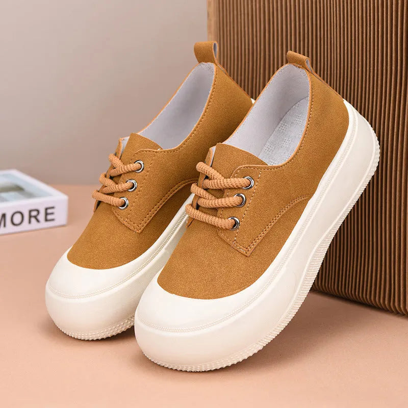 Women's camel suede platform loafers with a 4CM thick sole and round toe lace-up front.