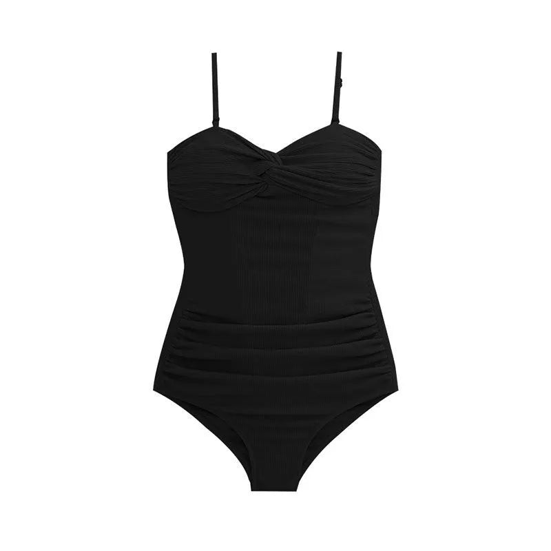 Women's black high-waist one-piece swimsuit with adjustable shoulder straps on a mannequin.