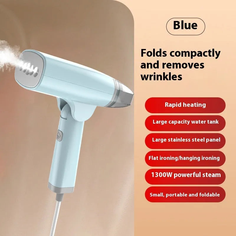 Blue and white handheld garment steamer with hanging function and 1300W power rating