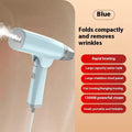 Blue and white handheld garment steamer with hanging function and 1300W power rating