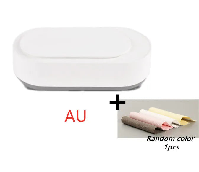 White portable ultrasonic cleaner machine with stainless steel tank for cleaning jewellery and glasses.