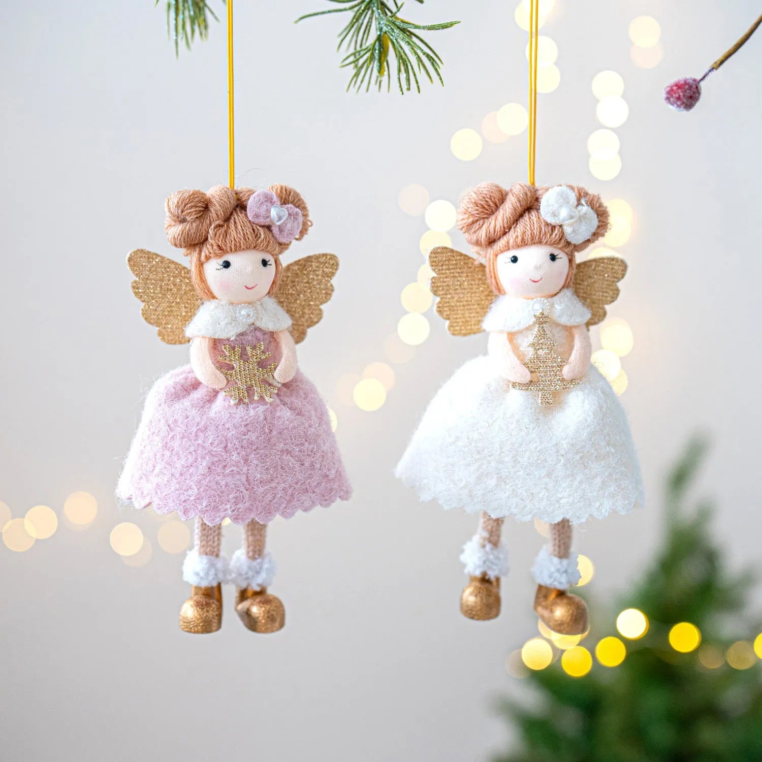 Pink and white Christmas angel wings plush pendant made from cloth material with modern simplicity design