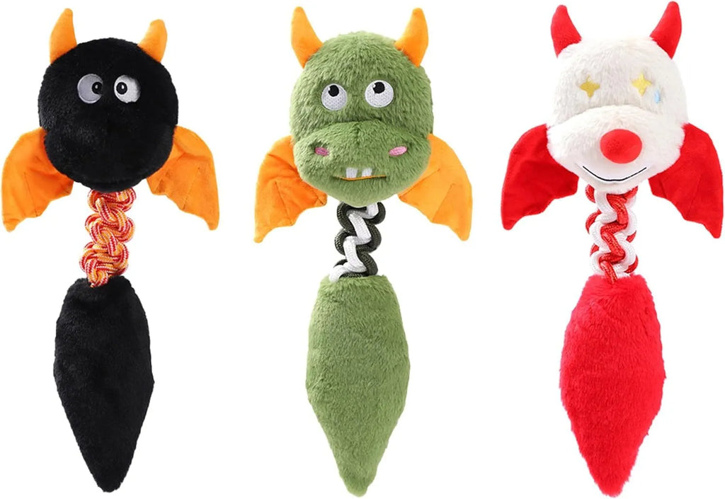 Large plush dog toy in red with cartoon design, featuring a rope knot and suitable for aggressive chewers