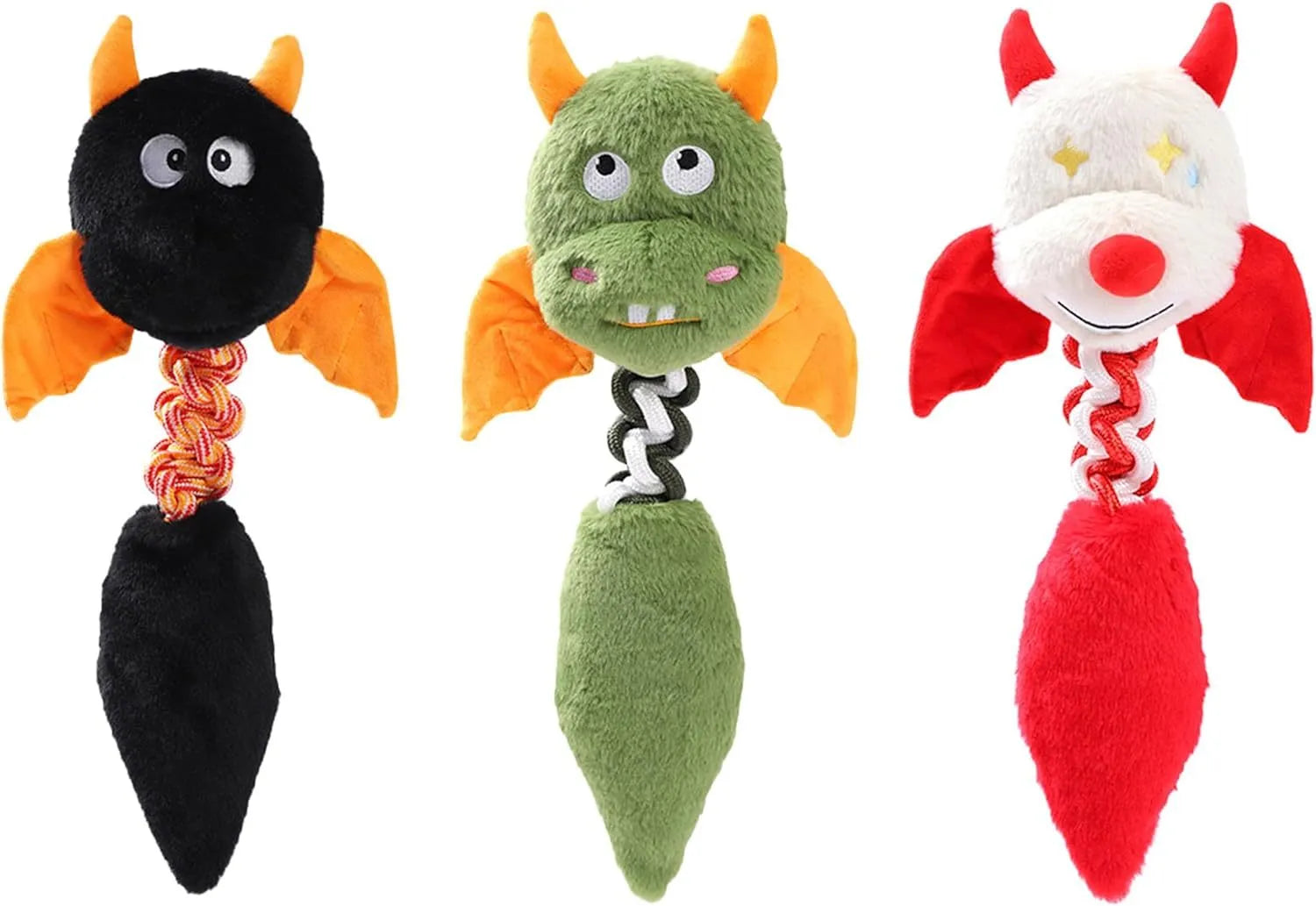Large plush dog toy in red with cartoon design, featuring a rope knot and suitable for aggressive chewers
