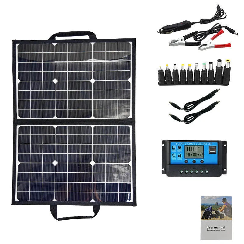 Black 40W monocrystalline solar folding bag panel shown folded to its compact size.