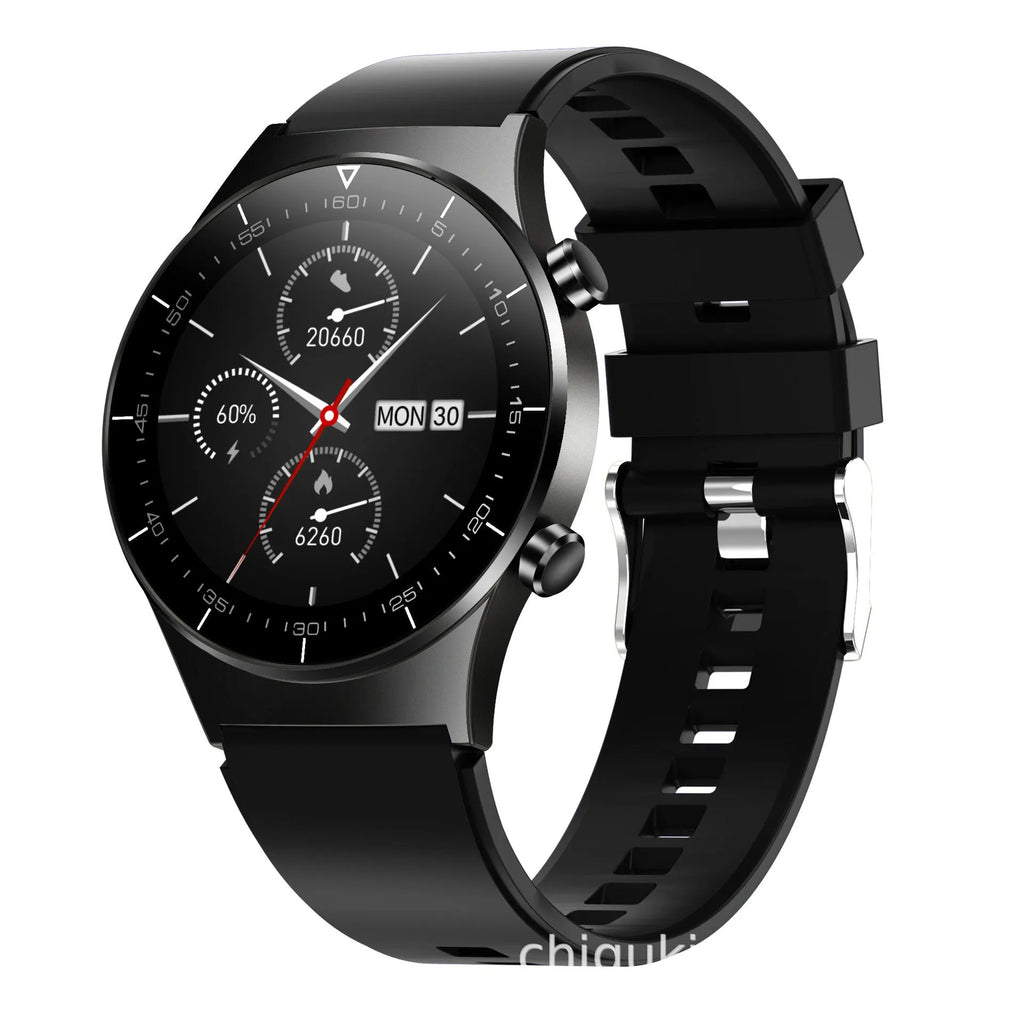 Black smart watch with TPU wristband showing 1.28-inch touch screen displaying heart rate and step count