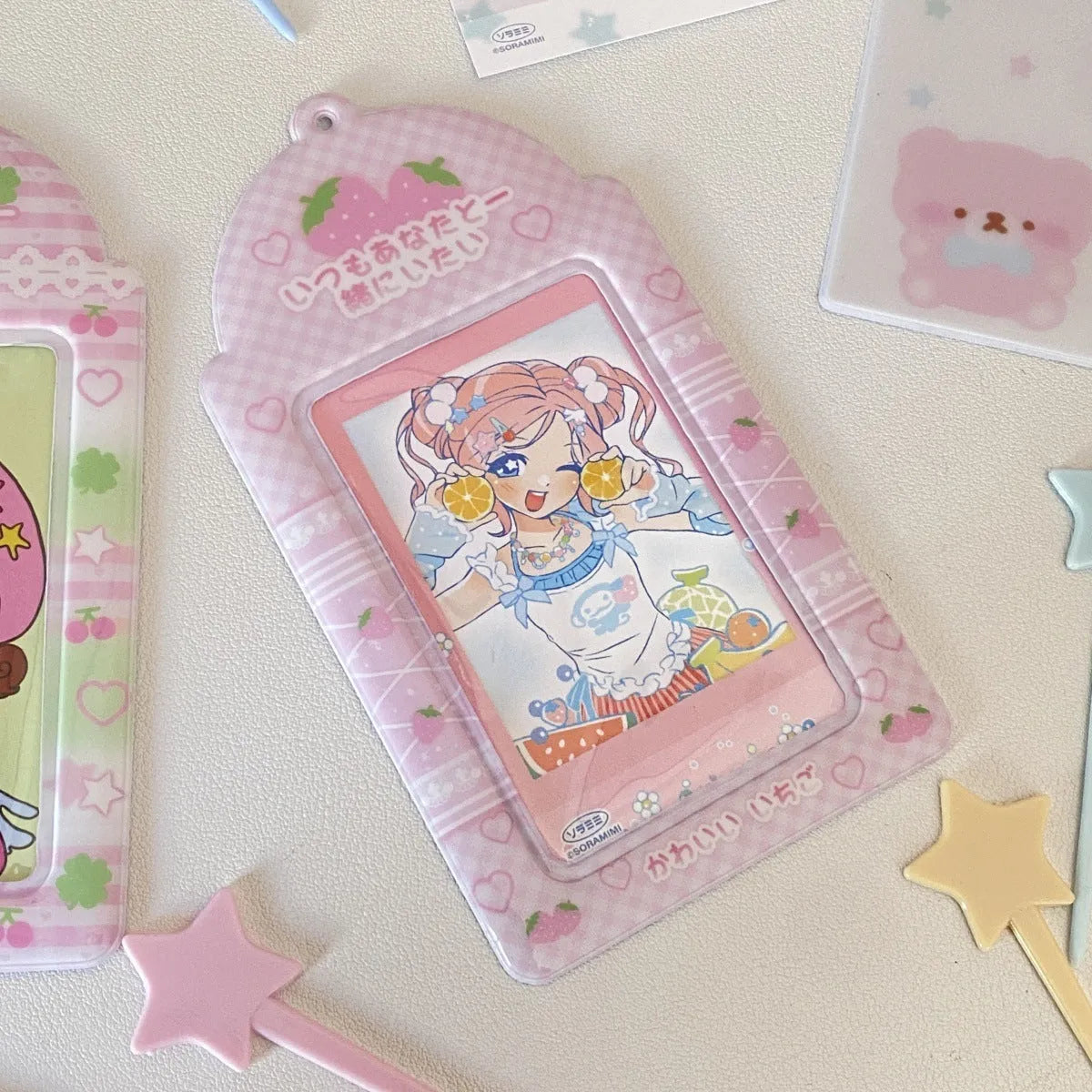 Plaid strawberry PVC meal card holder display pendant measuring 7.6cm by 13.6cm