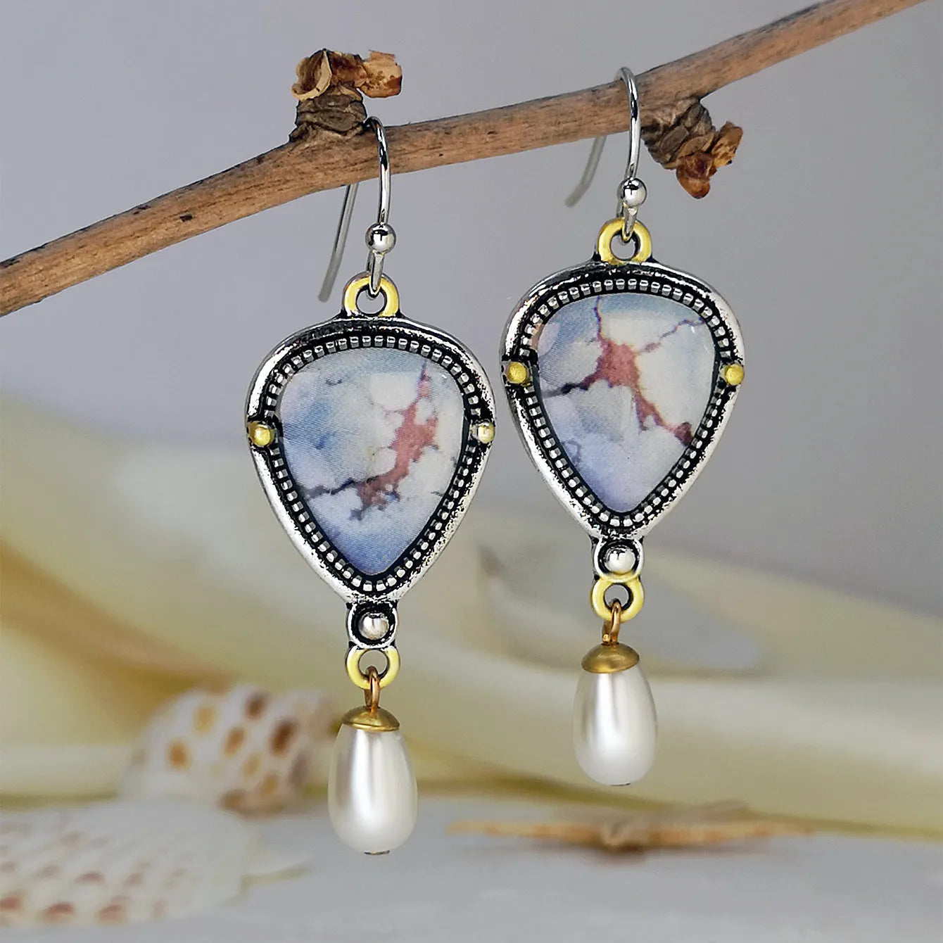 Retro blue geometric drop earrings with synthetic opal and pearl, two-colour electroplating