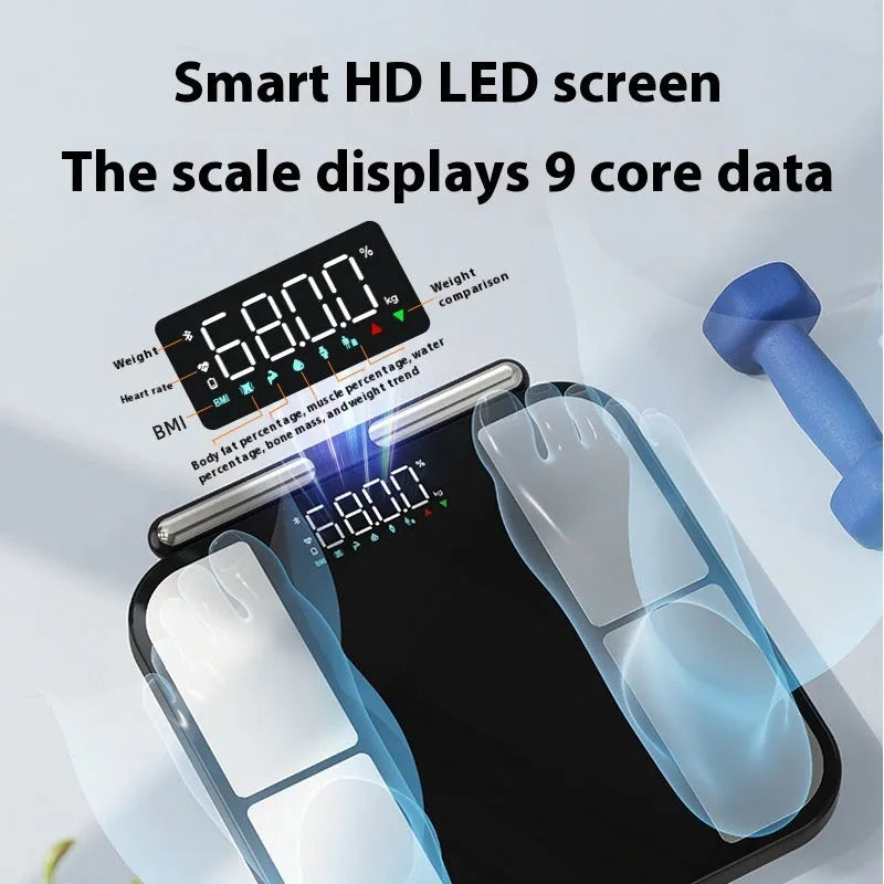 Black electronic weighing scale with a large tempered glass platform and colour touchscreen display.