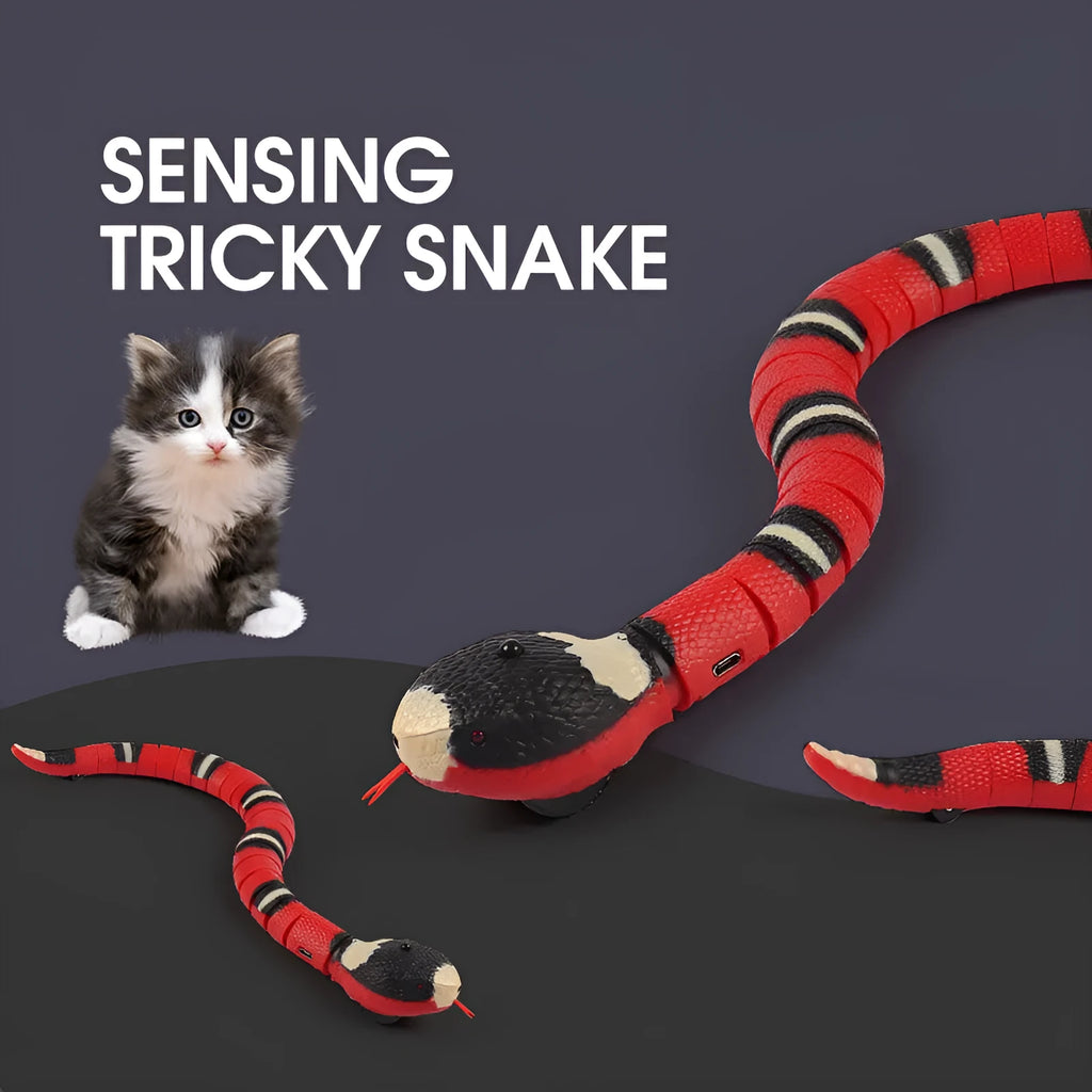 Smart sensing electronic snake cat toy with segmented plastic body and USB charging cable.