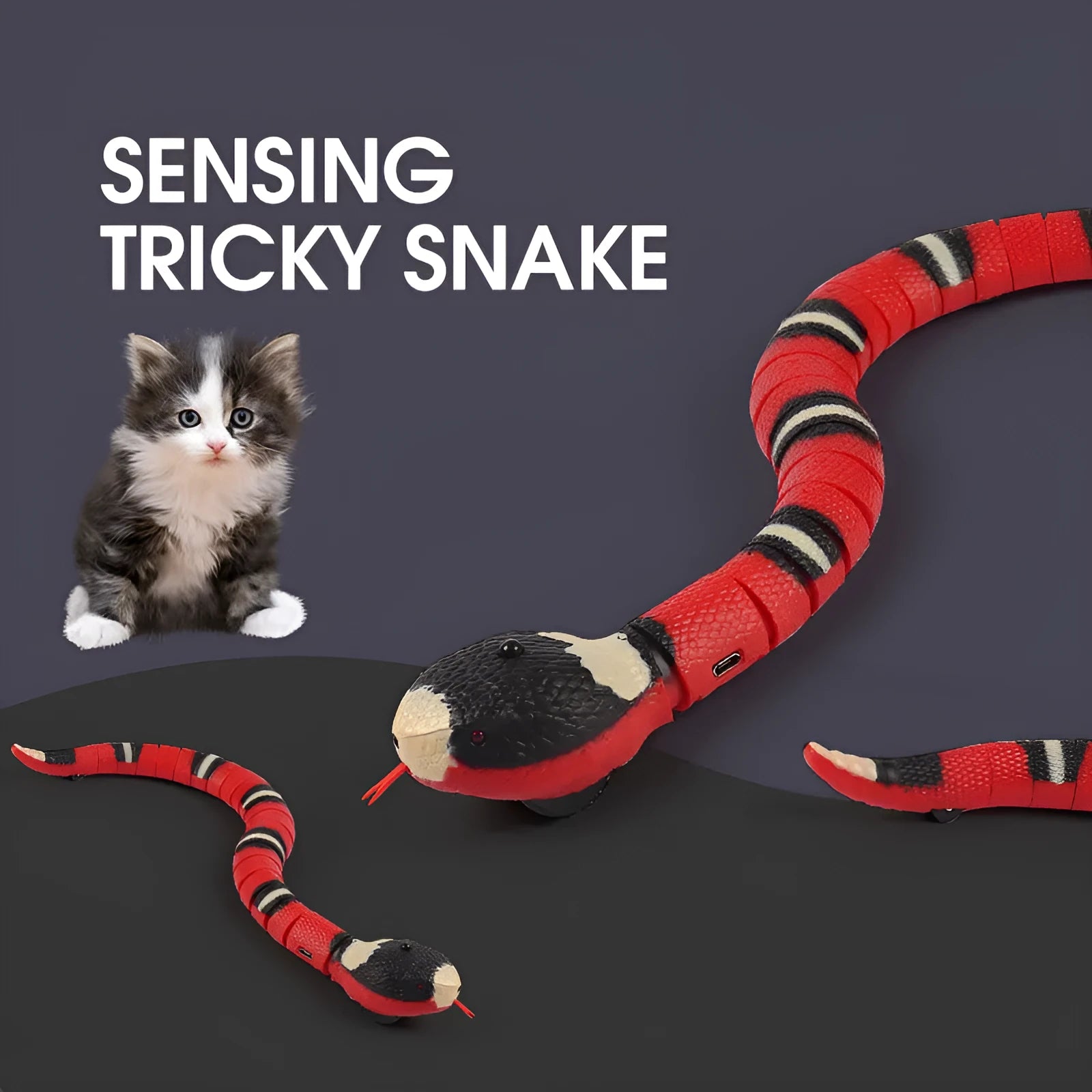 Smart sensing electronic snake cat toy with segmented plastic body and USB charging cable.