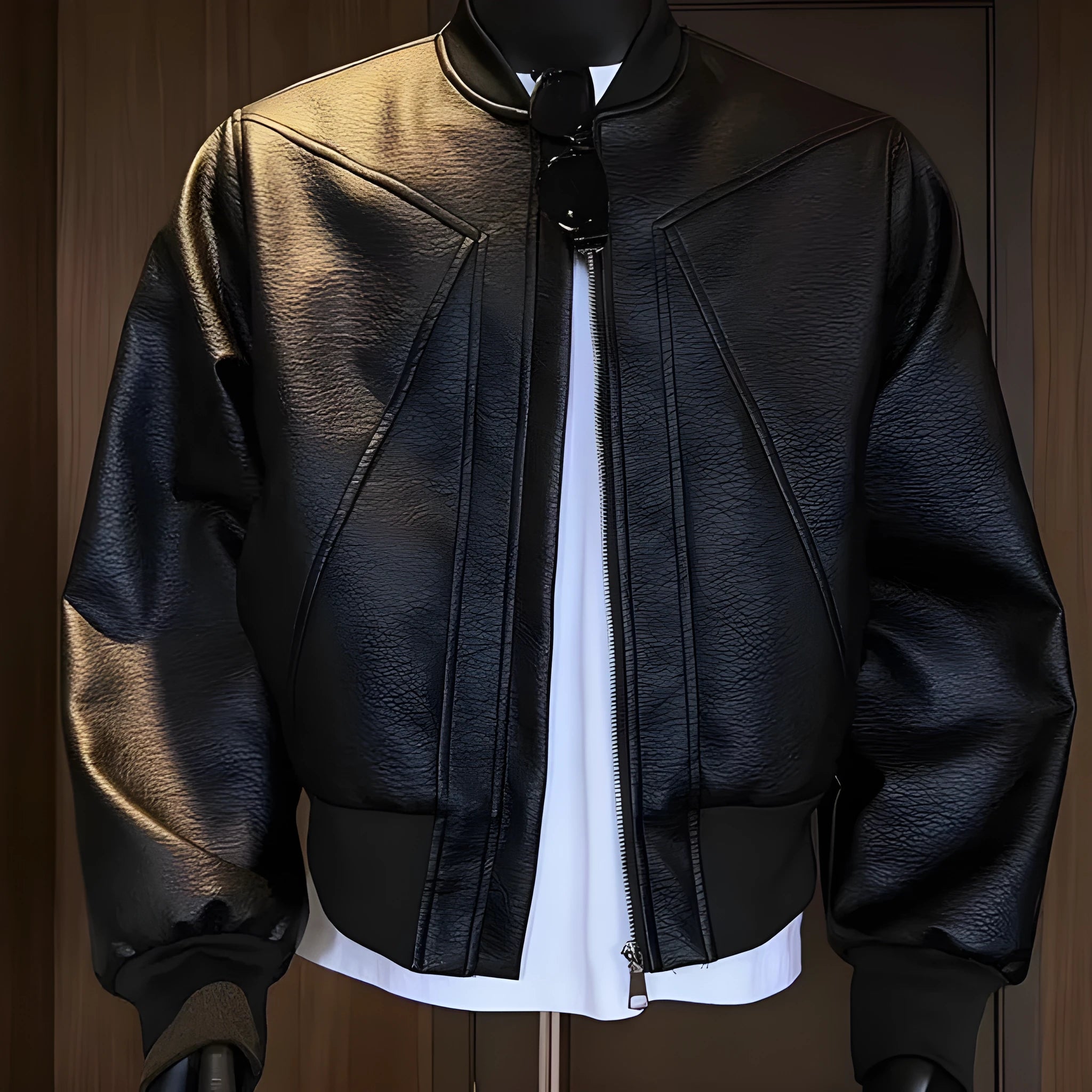 Men's black PU leather jacket with litchi texture and extended 100cm length