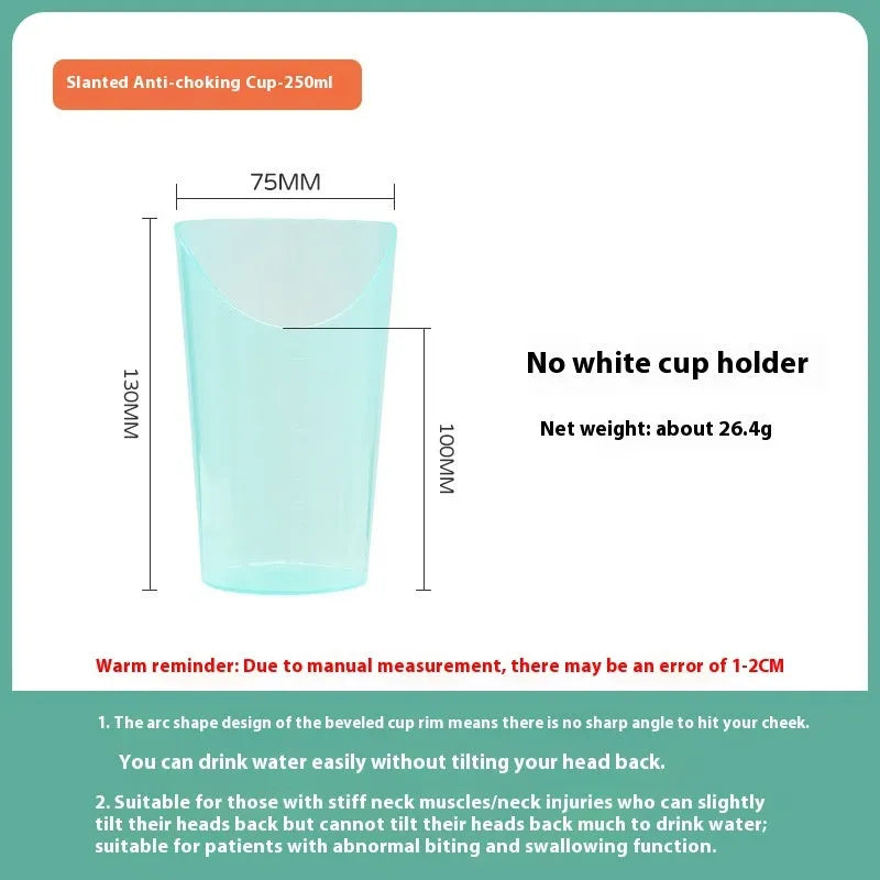 PP plastic anti-choke drinking cup with slanted mouth, handle, and lid for bed care.