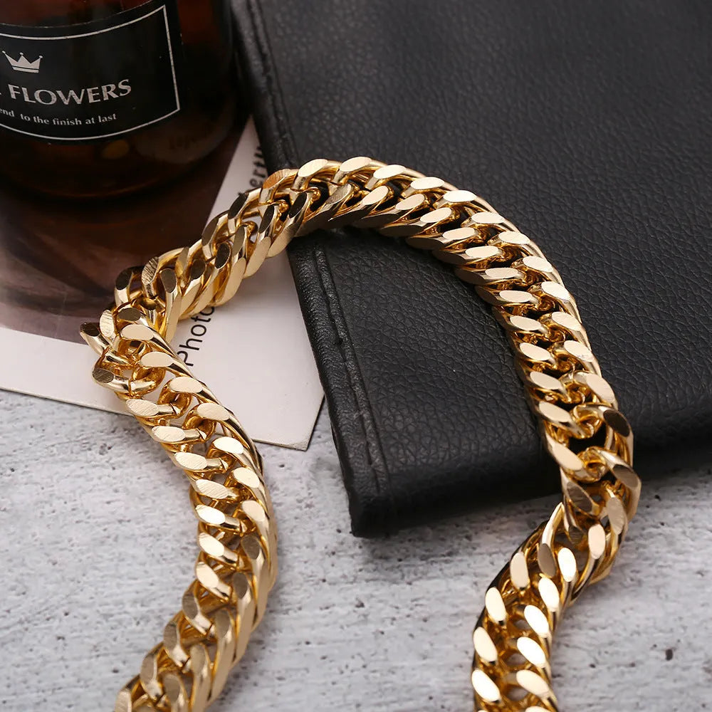 Women's thick gold electroplated chain necklace showing 6cm width links