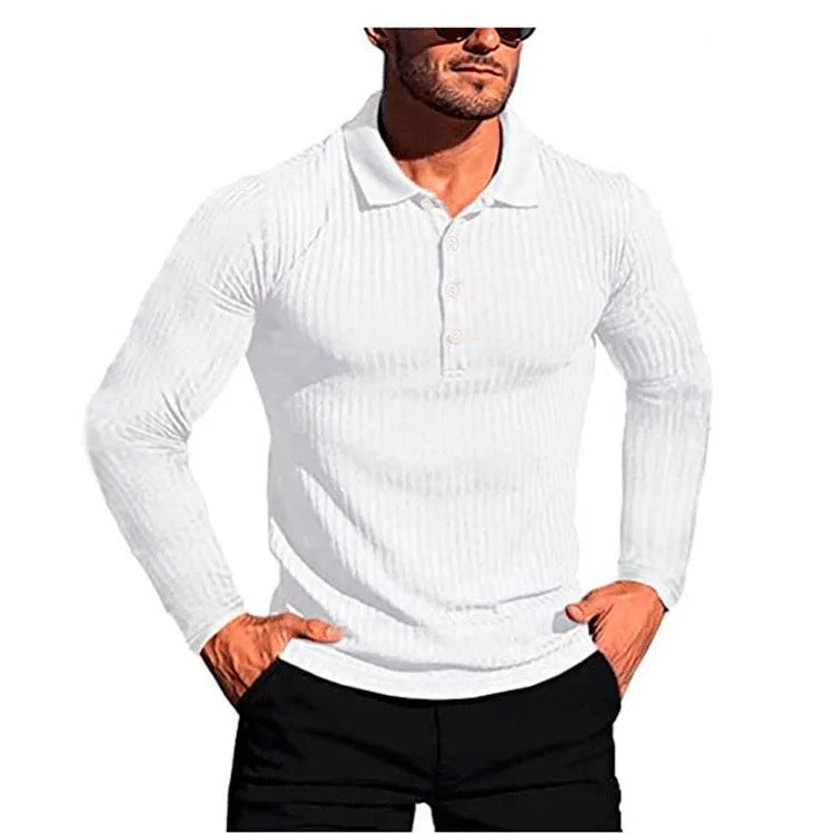 Man wearing a high elasticity slim knit summer shirt in a loose fit with short sleeves, shown in one of ten available colours.