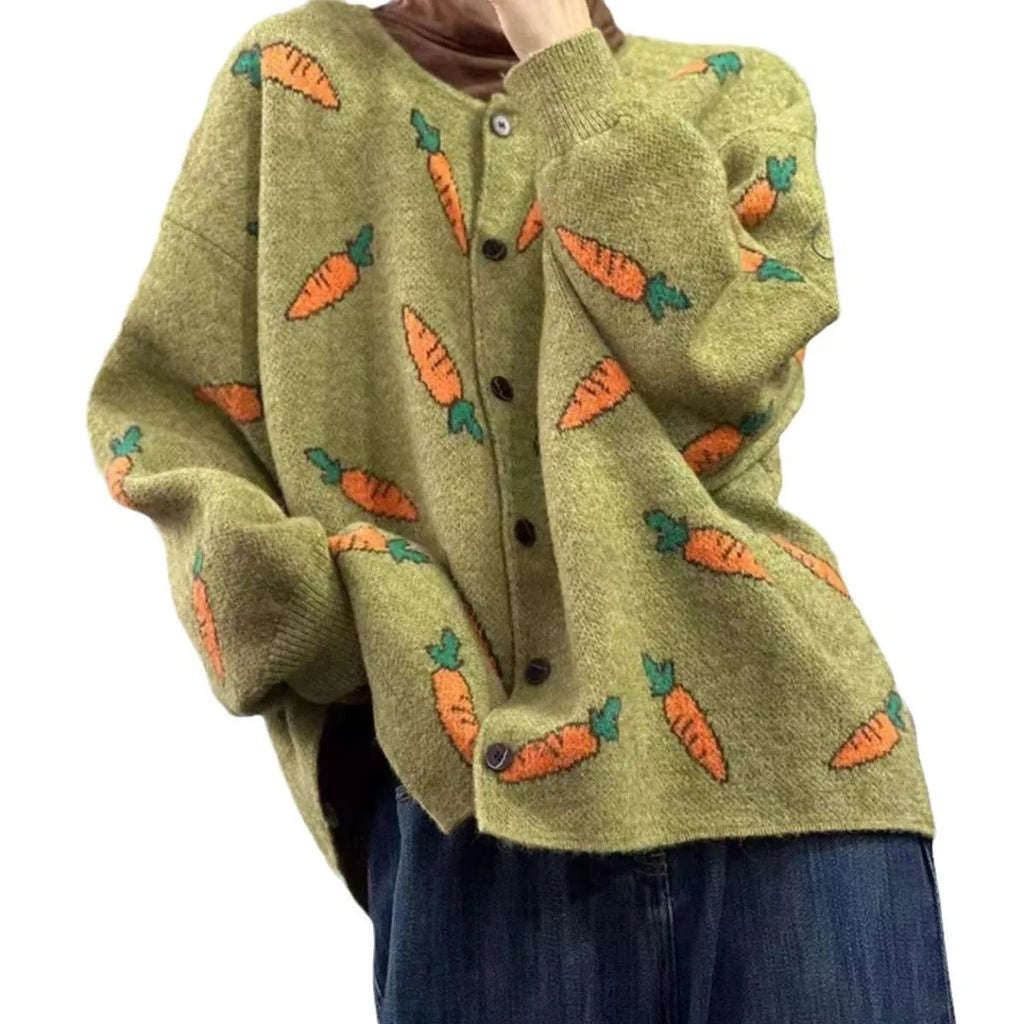 Round neck viscose cardigan with artistic colour contrast printing, loose fit casual sweater