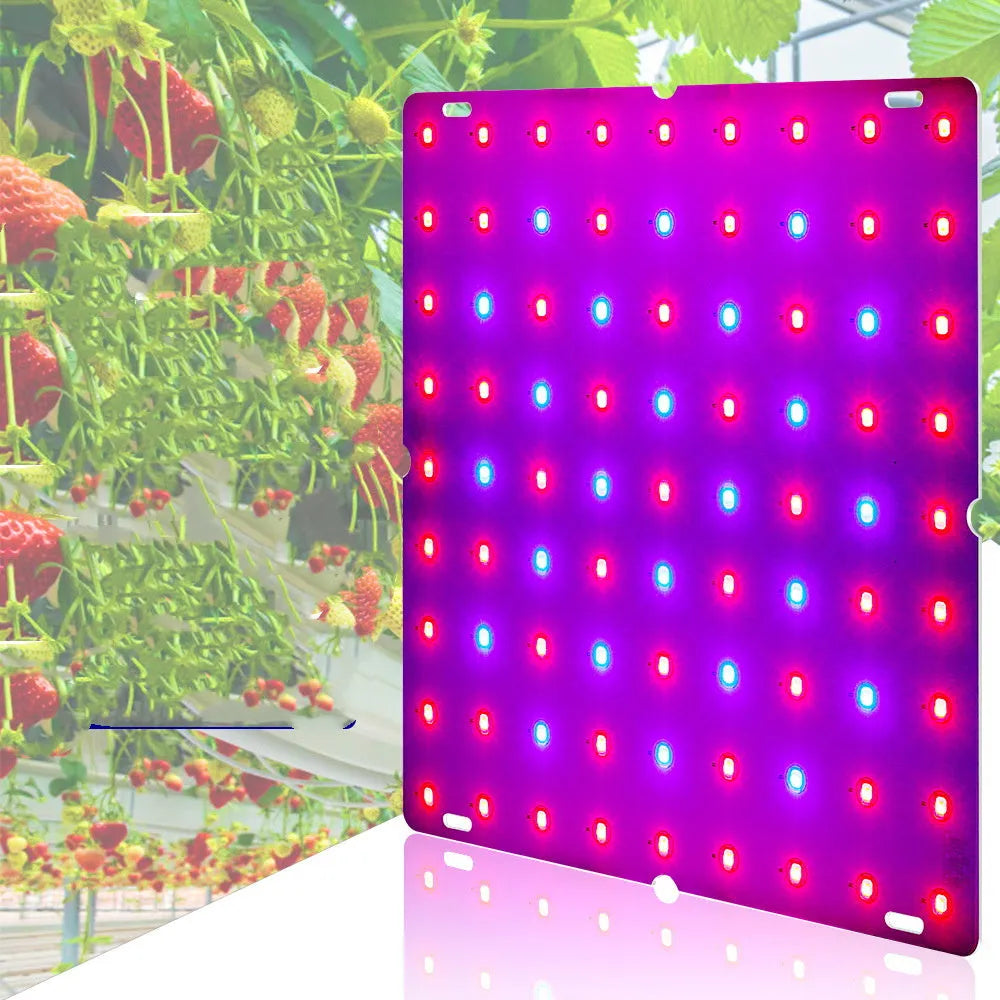 Silver aluminium LED plant light panel with multiple small beads, hanging from a hook for indoor gardening.