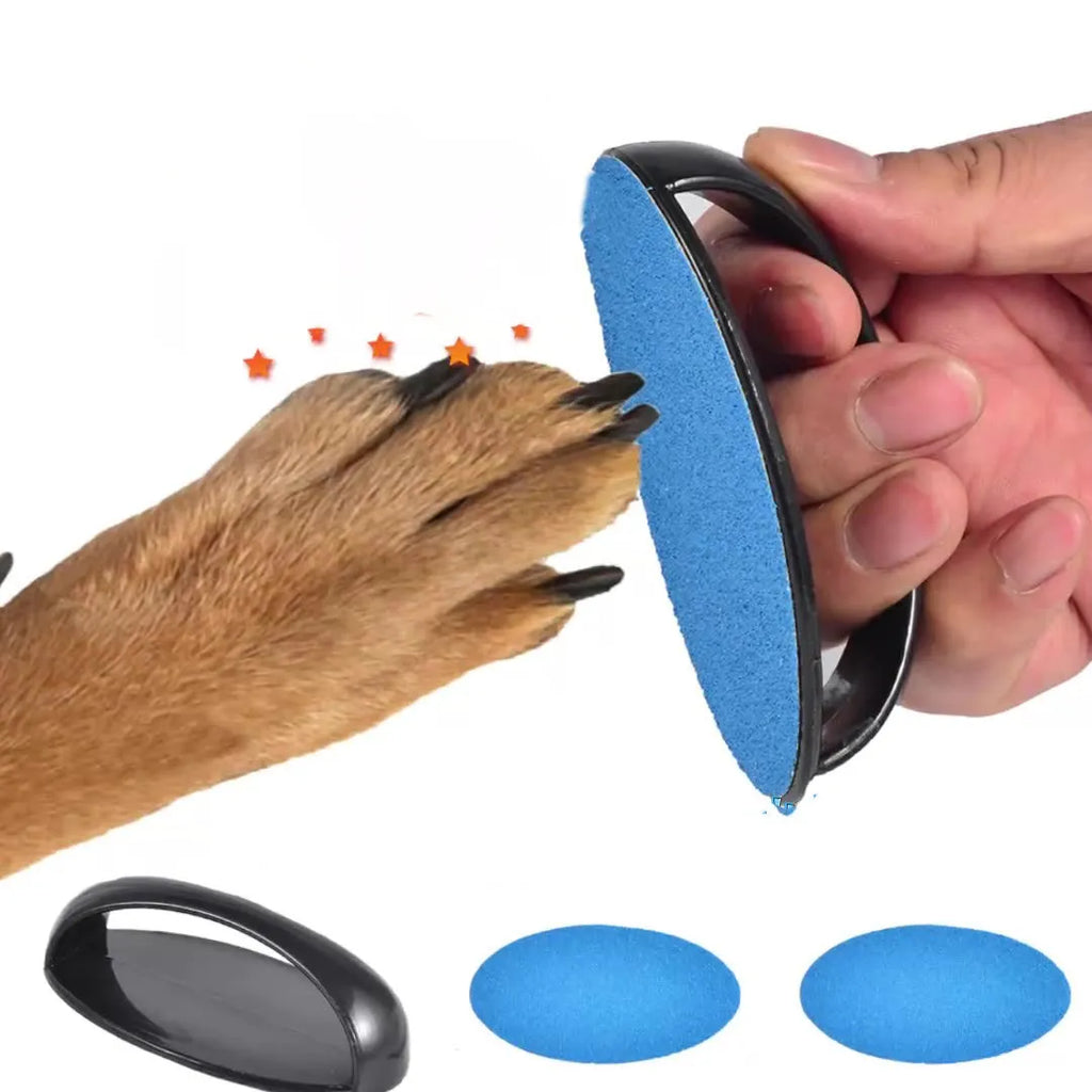 Round dog nail scratch board with ergonomic handle in one of four colours.