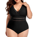 Black plus size swimsuit bikini with all-over printing and contrast stitching
