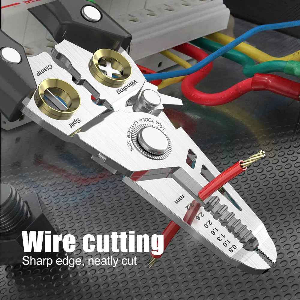 Stainless steel 7-in-1 wire stripper tool with two-colour ABS handle for electrical and mechanical work.