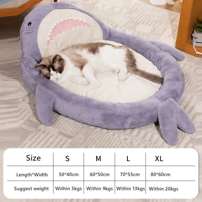 Blue shark pattern pet bed with non-slip base for small to medium dogs