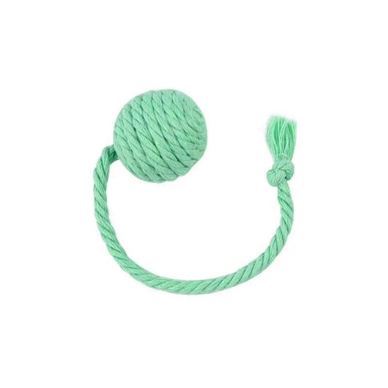 Green and pink soft plush cat toy balls with rope tails and internal bells