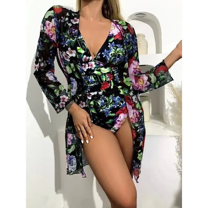 Women's floral print tight bikini and matching cover-up set in a choice of seven colours.
