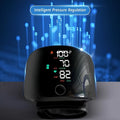 Black wrist blood pressure monitor with digital display and USB charging port