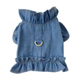 Dark blue denim pet dress with ruffles and a back leash hook for dogs