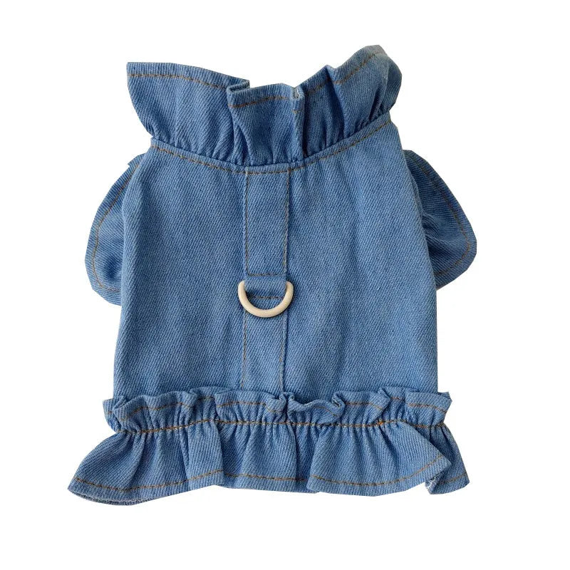 Dark blue denim pet dress with ruffles and a back leash hook for dogs