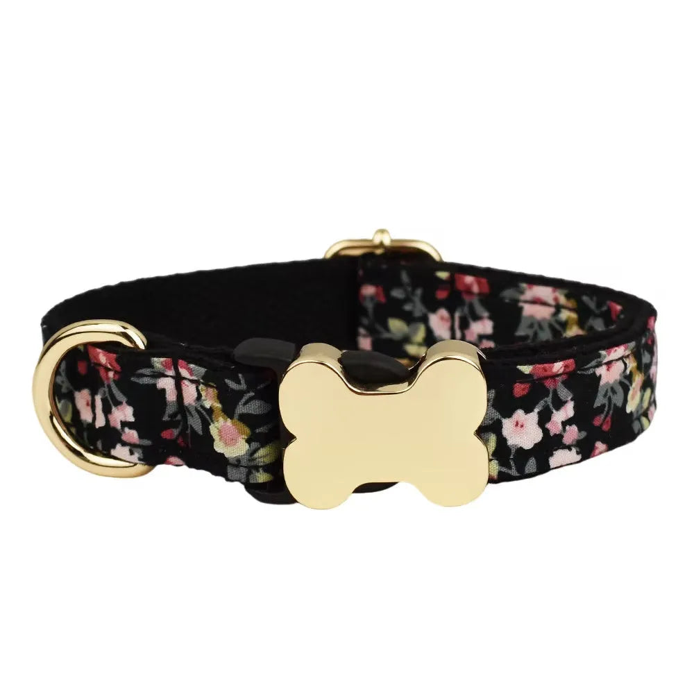 Flat nylon dog collar with printed grid pattern and plastic bone buckle in multiple colour options