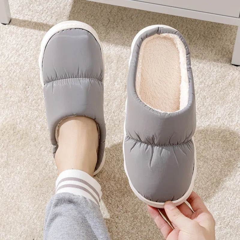 Down cotton slippers with thick rubber soles and artificial leather uppers in multiple colours
