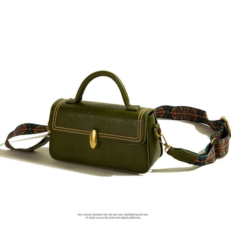 Women's brown PU leather messenger bag with sandwich pocket and shoulder strap
