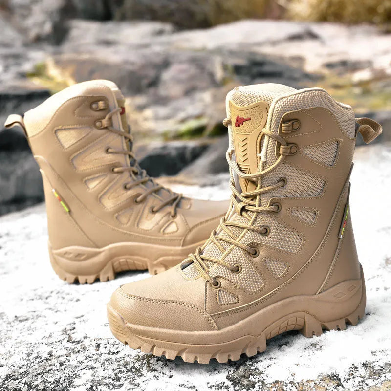 Beige cowhide leather hi-top hiking sneakers on a neutral background