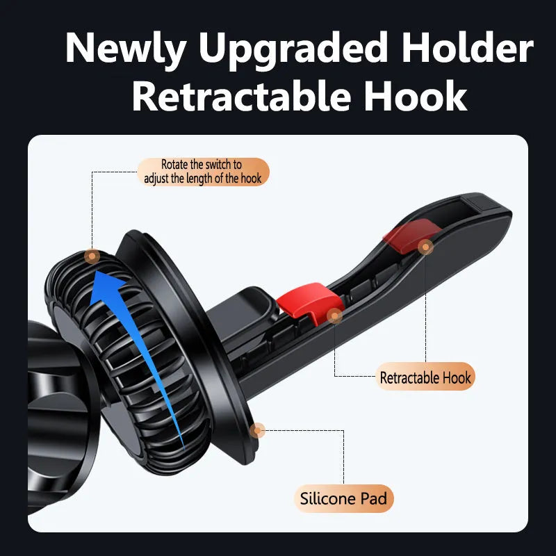 Silver and black magnetic car phone holder mounted on a vehicle air vent