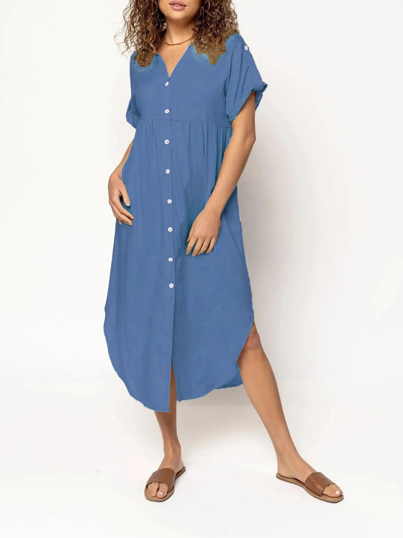 A mid-length casual dress with button detail on the front, shown in a solid colour.