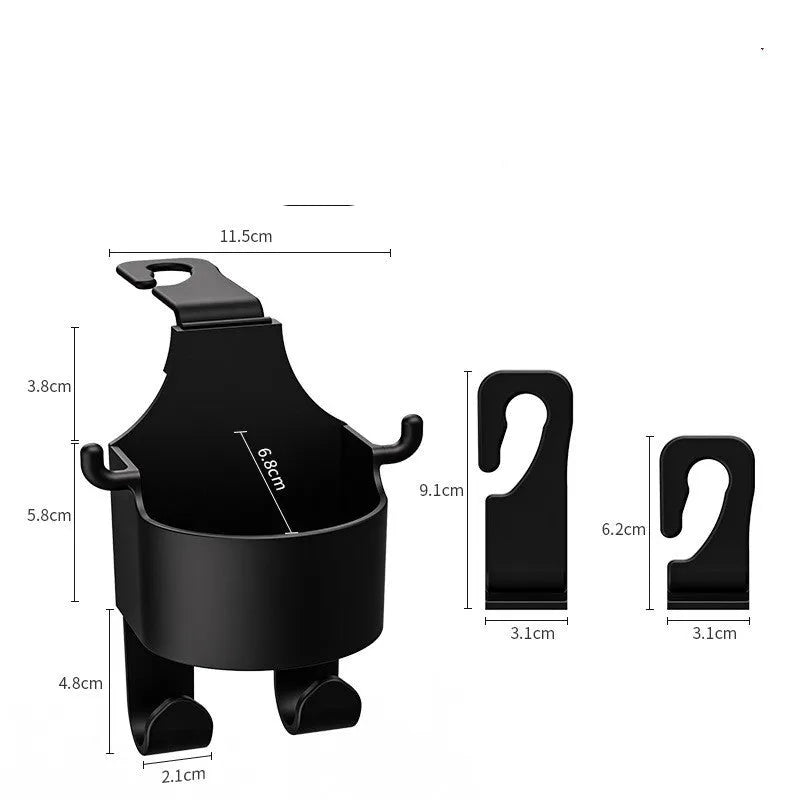 Black plastic car seat back organiser with cup holder and storage hooks for vehicle interior organisation