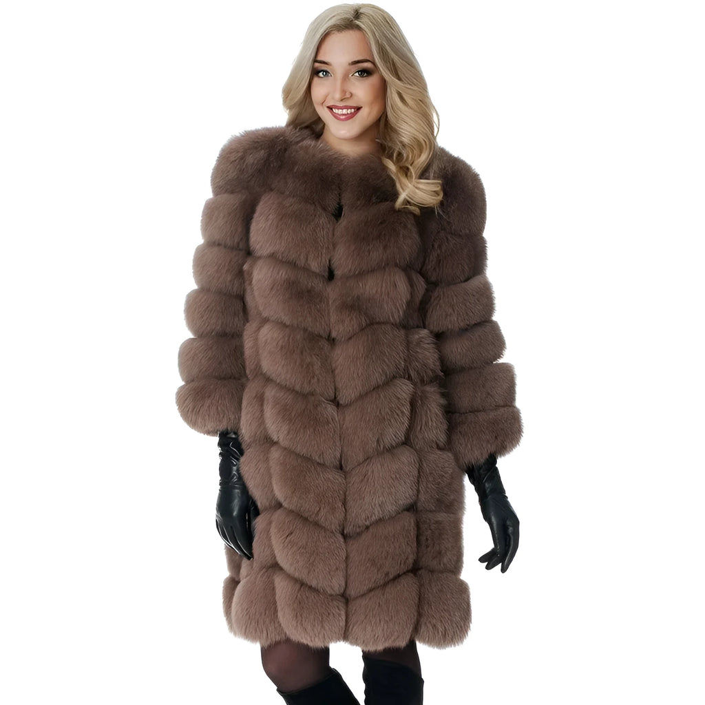 Women's thick artificial fur coat in five colour options with 80cm length and regular sleeves