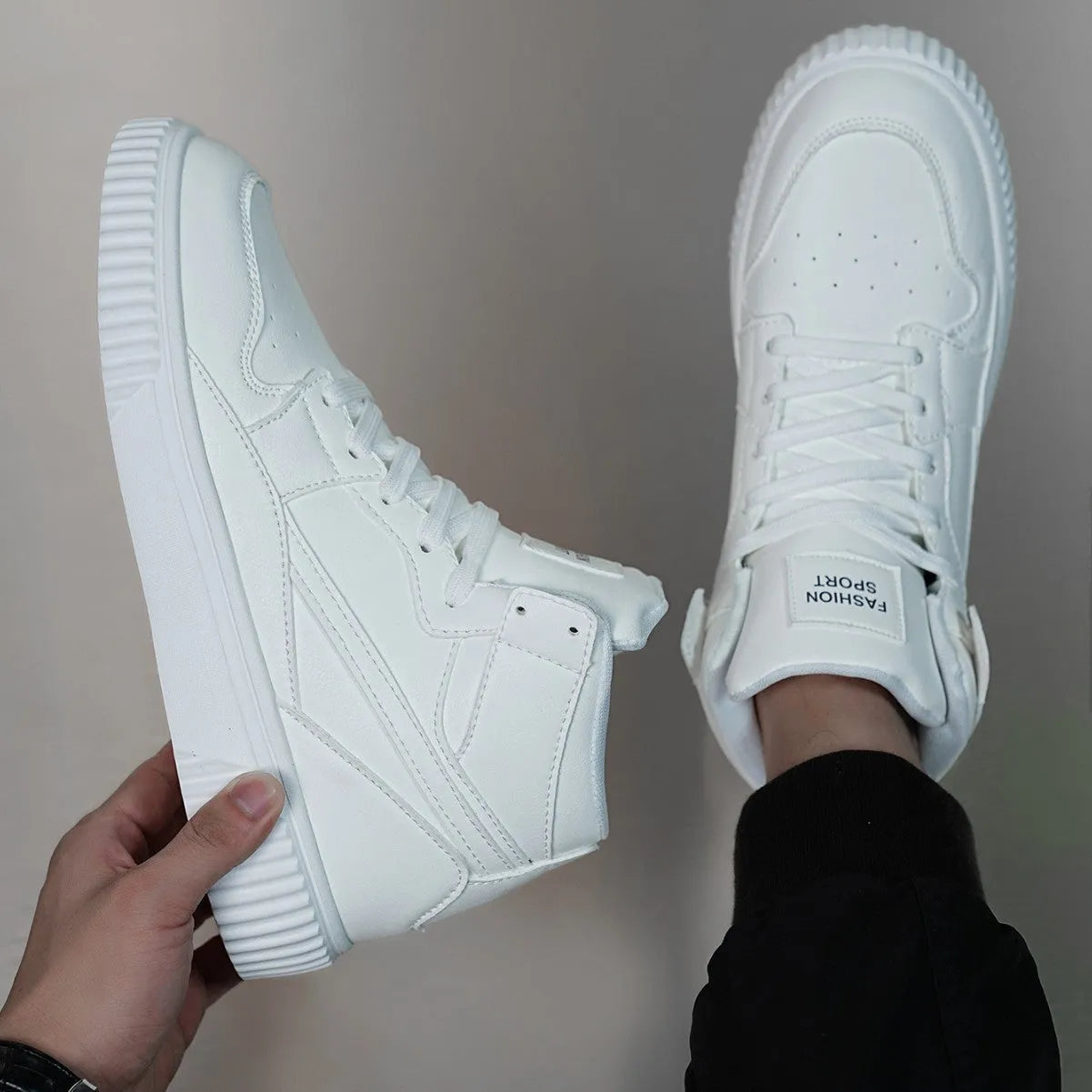Men's white casual shoes with round toe and microfiber upper in solid color design for autumn winter leisure wear.
