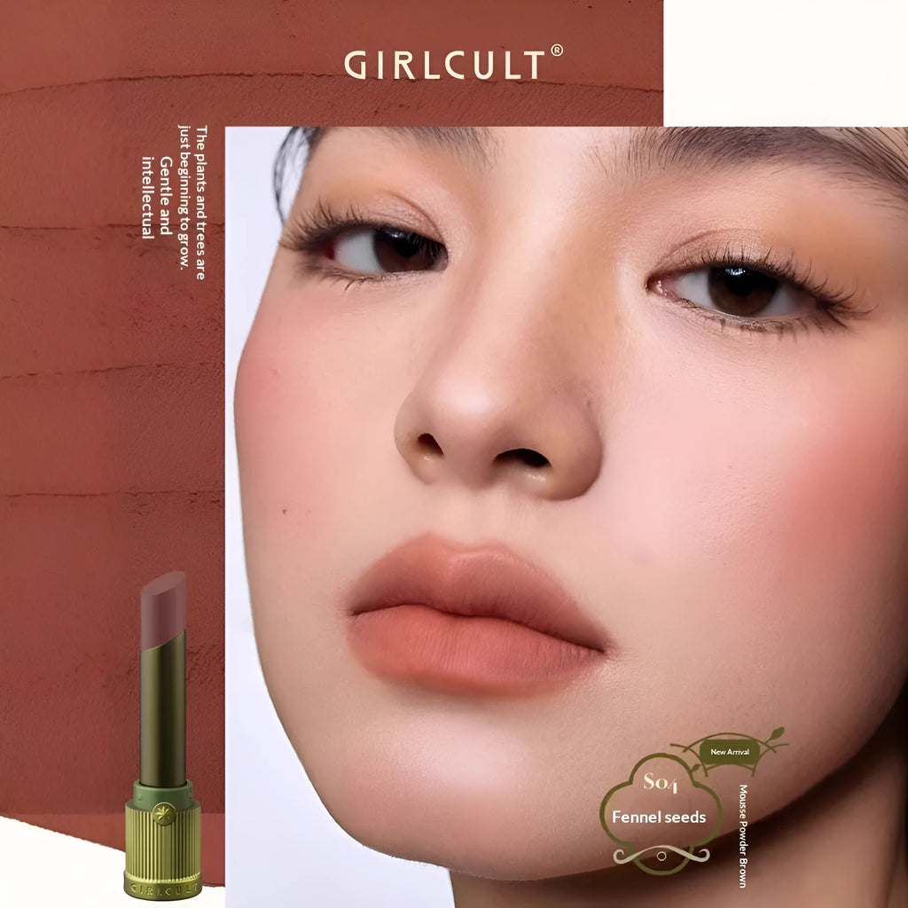 Matte natural brown lipstick in nude earth tone shade with long-lasting formula on a white background
