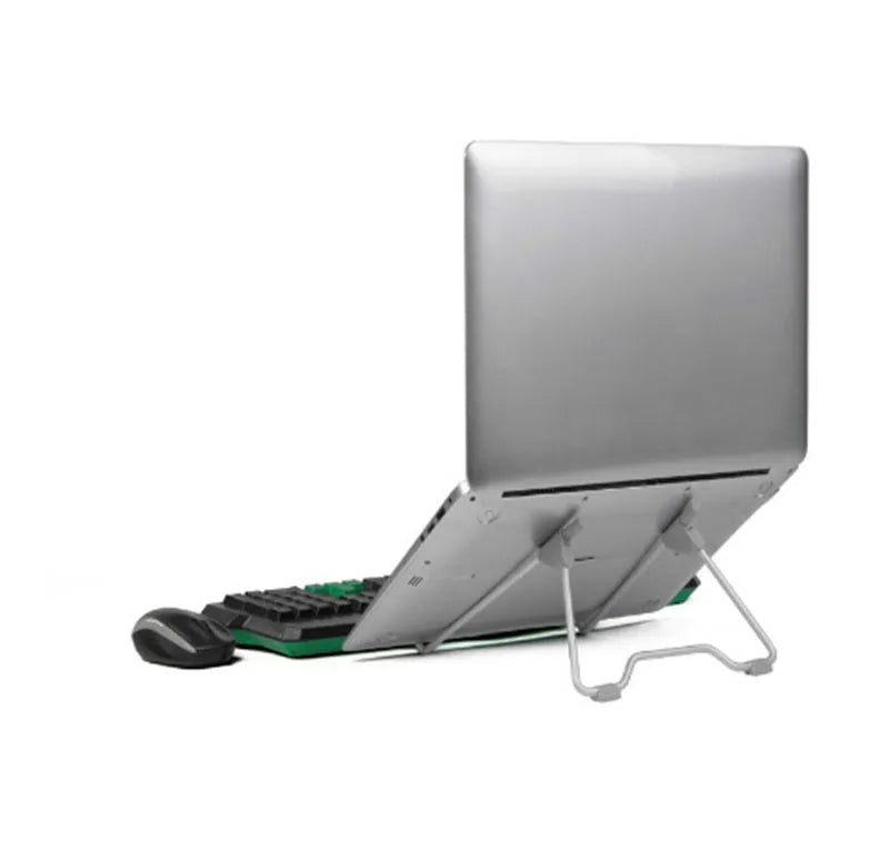 Grey aluminium alloy and plastic adjustable stand holding a mobile phone and a laptop.