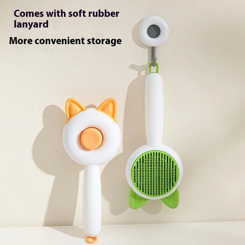 Self-cleaning pet grooming comb for cats in greenish white colour with stainless steel teeth