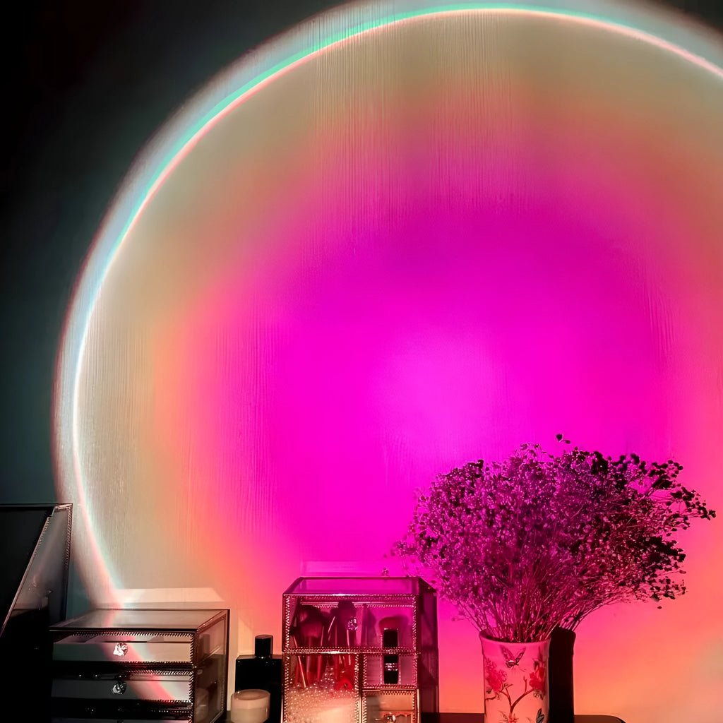 USB rechargeable rainbow projection lamp with sunset red colour and push-button control